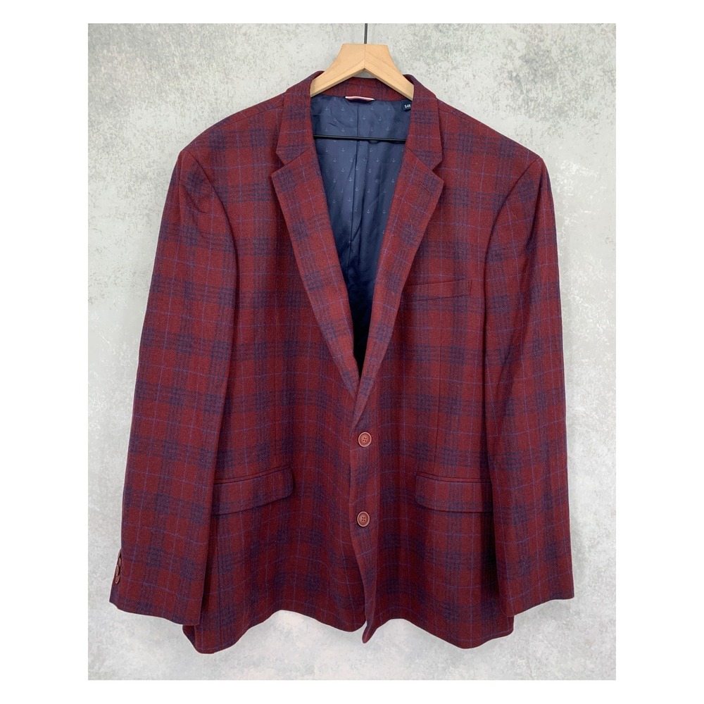 Tommy Hilfiger Blazer Mens 54R Burgundy Blue Plaid Wool Blend Holiday Jacket